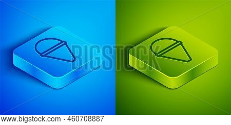 Isometric Line Fire Cone Bucket Icon Isolated On Blue And Green Background. Metal Cone Bucket Empty 