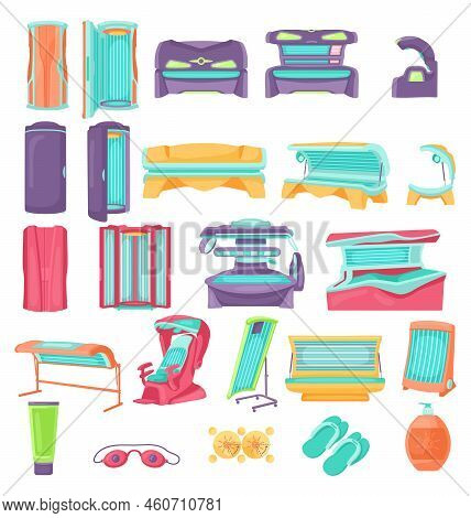 Different Tanning Beds Cartoon Illustration Set. Cosmetic Procedure In Spa Salon, Vertical Sunbathin