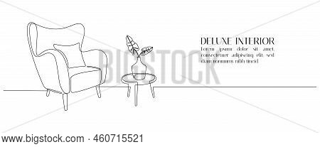 One Continuous Line Drawing Of Armchair And Lamp And Potted Plant. Modern Rustic Furniture For Livin