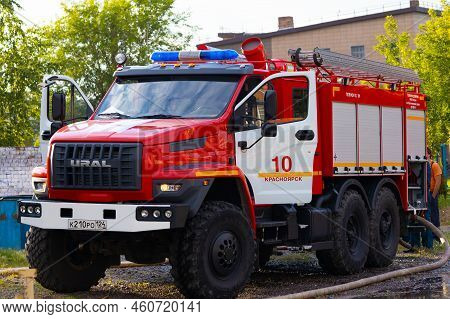 Krasnoyarsk, Russia - 02 August, 2022: Russian Red Fire Truck Car Based On The Car Ural. Ural Firetr
