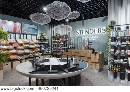 Latvia, Riga, August, 2022: Modern Interior Of Stenders Produced Shop With Handmade Cosmetics In Sho