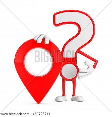 Question Mark Sign Cartoon Character Person Mascot With Red Map Pointer Target Pin On A White Backgr
