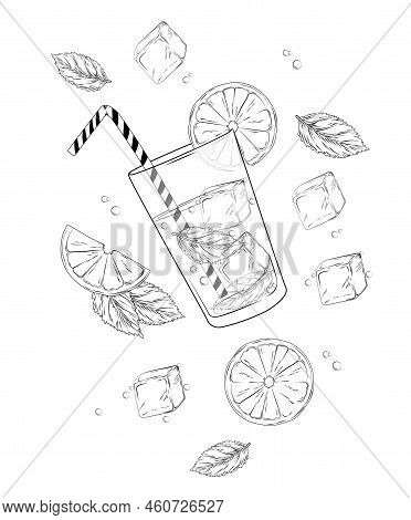 Mojito Vector Stock Illustration. Fresh Alcoholic Cocktail. Soda, Lime, Ice Cubes, Mint Leaves In A 