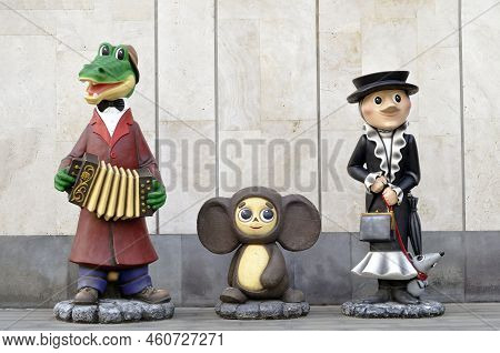 Moscow, Russia - August 14, 2022: Soviet Cartoon Characters: Cheburashka, Crocodile Gena, Old Woman 