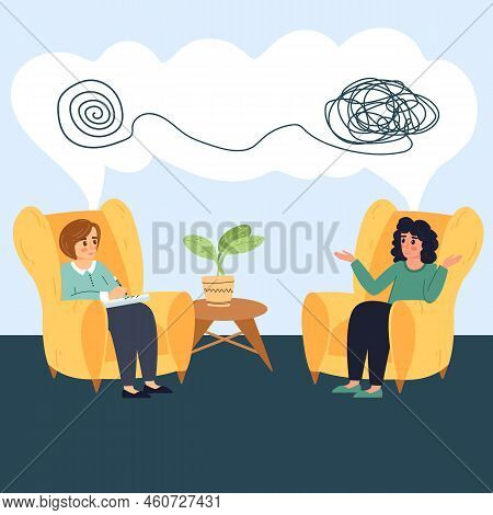Psychologist Appointment In Cartoon Flat Style. Concept Of Mental Health. Vector Illustration Of Doc