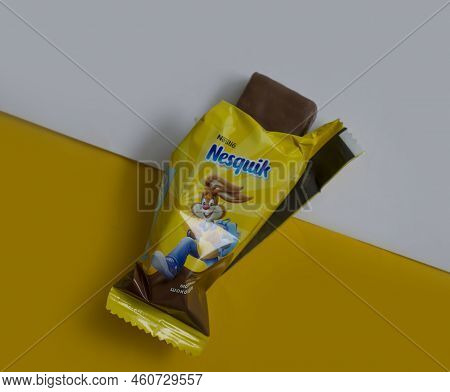 September 31, 2022 Ukraine City Kyiv Nesquik Chocolate Bar From Nestle On A Colored Background