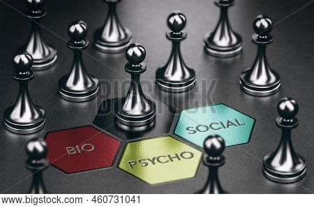 Pawns Over Black Background With The Text Bio, Psycho And Social. Biopsychosocial Model Concept. Men