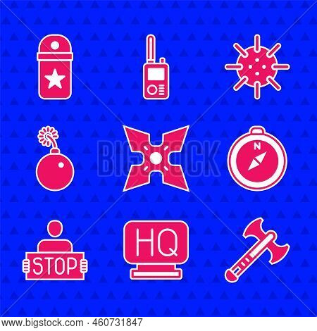 Set Japanese Ninja Shuriken, Military Headquarters, War Axe, Compass, Stop War, Bomb Ready Explode, 