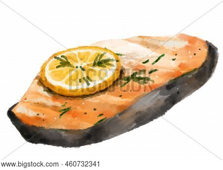 Watercolor Painting Steak Salmon Fillet Lemon Thyme Seafood Illustration