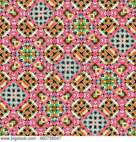 Kitsch Pattern Geometric Retro Design In Seamless Background. Trendy Modern Boho Geo In Vibrant Colo