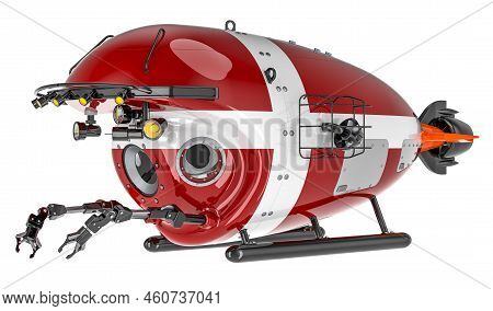 Bathyscaphe With Danish Flag. Marine Geology, Oceanography In Denmark, 3d Rendering Isolated On Whit