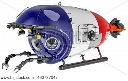 Bathyscaphe With French Flag. Marine Geology, Oceanography In France, 3d Rendering Isolated On White