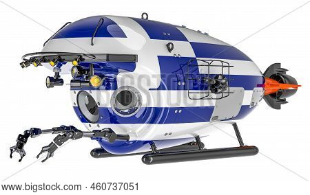 Bathyscaphe With Greek Flag. Marine Geology, Oceanography In Greece, 3d Rendering Isolated On White 