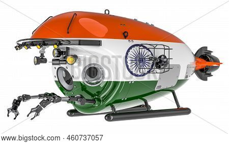 Bathyscaphe With Indian Flag. Marine Geology, Oceanography In India, 3d Rendering Isolated On White 