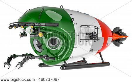Bathyscaphe With Irish Flag. Marine Geology, Oceanography In Ireland, 3d Rendering Isolated On White
