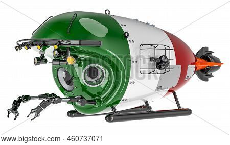 Bathyscaphe With Italian Flag. Marine Geology, Oceanography In Italy, 3d Rendering Isolated On White