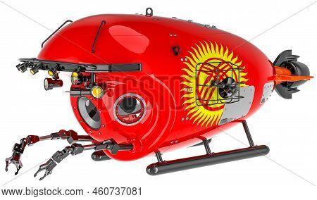 Bathyscaphe With Kyrgyz Flag. Marine Geology, Oceanography In Kyrgyzstan, 3d Rendering Isolated On W