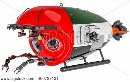 Bathyscaphe With The United Arab Emirates Flag. Marine Geology, Oceanography In The Uae, 3d Renderin