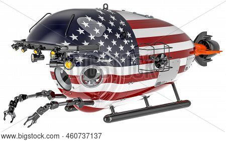 Bathyscaphe With The United States Flag. Marine Geology, Oceanography In The Usa, 3d Rendering Isola