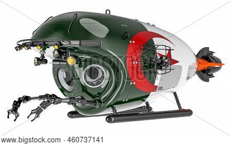 Bathyscaphe With Algerian Flag. Marine Geology, Oceanography In Algeria, 3d Rendering Isolated On Wh