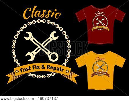 Vector Mechanic Fast Fix And Repair T-shirt Template Design  Isolated On Black Background.