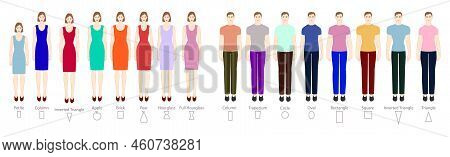 Set Of Women Men Body Shapes Types: Apple, Pear, Triangle, Rectangle, Column, Circle, Oval, Hourglas