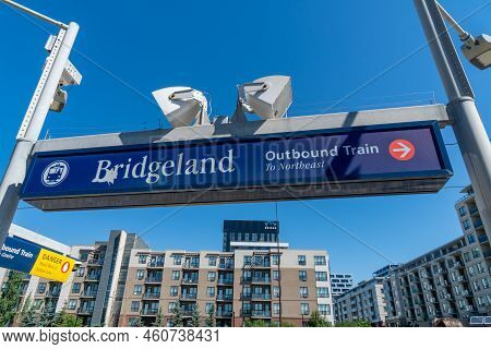 Calgary, Alberta, Canada - July 15, 2022: Calgary C Train Downtown Light Rapid Transit System At The