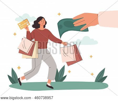 Woman With Card. Girl With Packages In Store Receives Gift Voucher. Hand Sends Money To Happy Charac