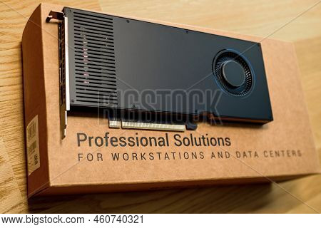 London, United Kingdom - Aug 5, 2022: Unboxing Nvidia Rtx A4000 Ampere Workstation Professional Solu