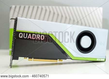 Paris, France - Mar 28, 2019: Hero Project Of New Gpu Nvidia Quadro Rtx 5000 Video Gpu Card Based On