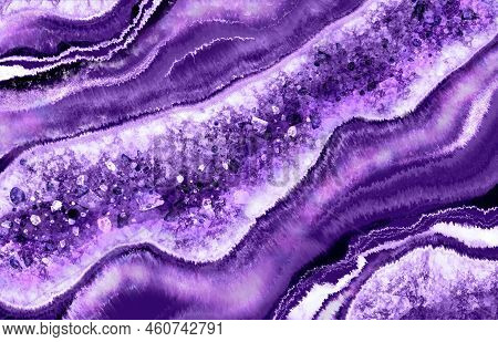 Violet Geode With Crystals Art With Epoxy Resin. Quartz Slice Geode With Transparent Crystals Handdr
