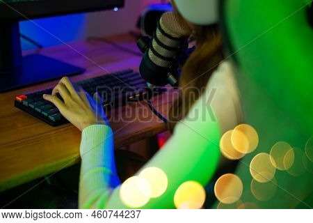 Asian Young Gamer Woman Press On Keyboard To Playing Video Games Online On Computer She Live Stream 