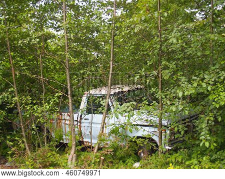 Old Pick-up Truck Abandoned Rusting Away In Forest.