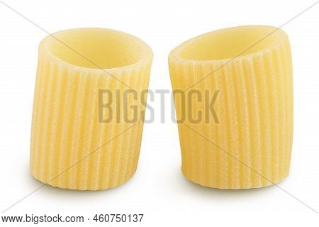 Raw Italian Pasta In Wooden Bowl Isolated On White Background. Mezze Maniche Rigate Bronze Die
