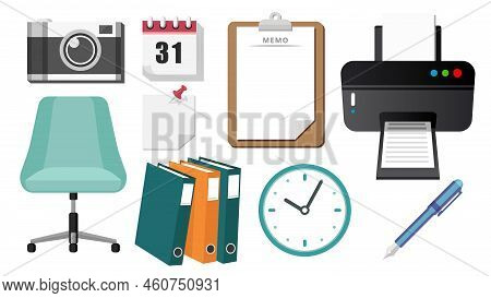 Collection Set Of Office Obejct Printer Clock Pen Clipboard Memo Note File Folder Chair Calendar