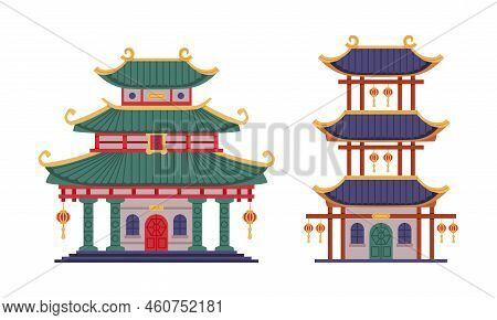 Pagoda As Chinese Tiered Tower With Multiple Eaves And Traditional Building Vector Set