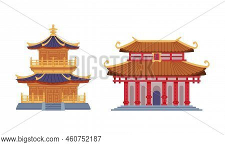 Pagoda As Chinese Tiered Tower With Multiple Eaves And Traditional Building Vector Set