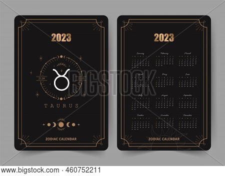 Zodiac Taurus Calendar 2023. Pocket Size. Front And Back Sides. Week Starts On Sunday. Astrological 