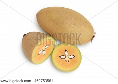 Sapodilla Isolated On White Background With Full Depth Of Field. Top View. Flat Lay