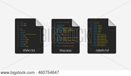 Css, Htaccess And Robots.txt Realistic Flat Vector Icon Set With Real Structured Code Fragment, Isol