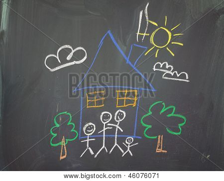 Un disegno di bambino di una famiglia felice a casa.