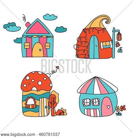Cute Cartoon Elven, Fairy Or Gnome Houses. Outline Vector Illustration