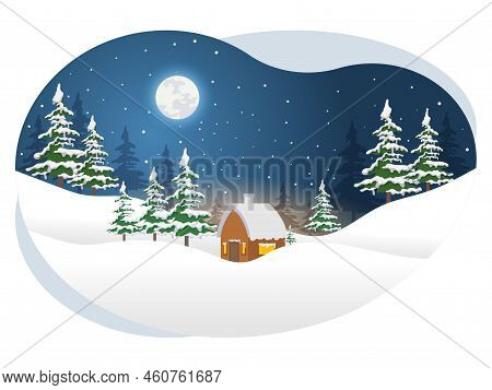 Christmas Night Scene Snow Beautiful Vector Illustration.