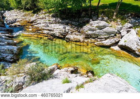Clear Water Of Soca River At Small Soca Gorge, Julian Alps, Slovenia
