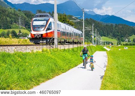 Schladming Austria - July 29, 2022: Modern Electrified Train Near Schladming. Obb - Austrian Federal