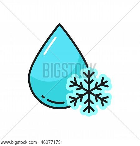 Drop With Blue Snowflake Isolated Outline Icon. Vector Freezing Water, No Frost Sign, Fridge Or Refr