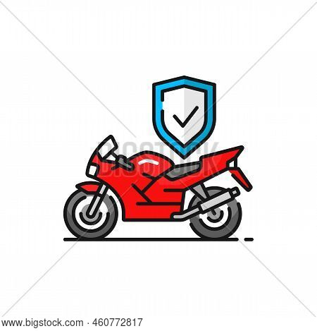 Insurance Motorcycle Color Outline Icon, Moto Safety Concept. Vector Motorbike And Protective Shield