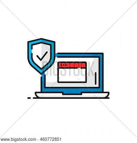 Computer Security Protect Shield Isolated Color Outline Icon. Vector Internet And Data Protection, A