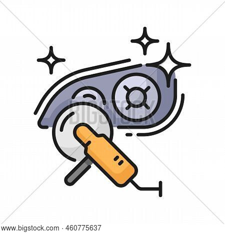 Car Care Icon, Headlight Wash Cleaning And Polish, Carwash Service Line Vector. Headlamp Glass Resto