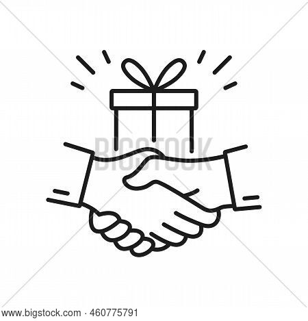 People Making Money From Referral, Shake Hands And Bonus Gift Box Outline Icon. Vector Partners Shar